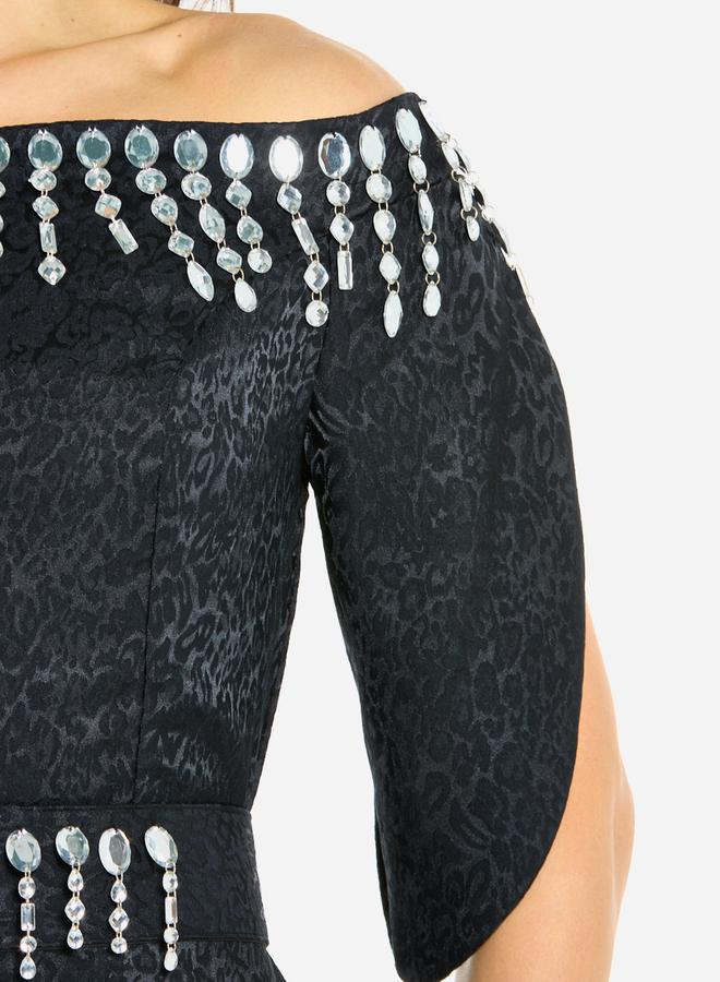 House of Moda Women Embellished Off Shoulder Gown Dress - Image 3